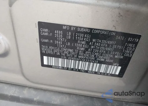 2019 Subaru Outback 2.5I Premium from USA, damaged, VIN 4S4BSAFC5K3313438